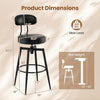 Bar height swivel barstool with padded seat and backrest, black faux leather, dimensions 40.5" H, 15.5" W, for kitchen.