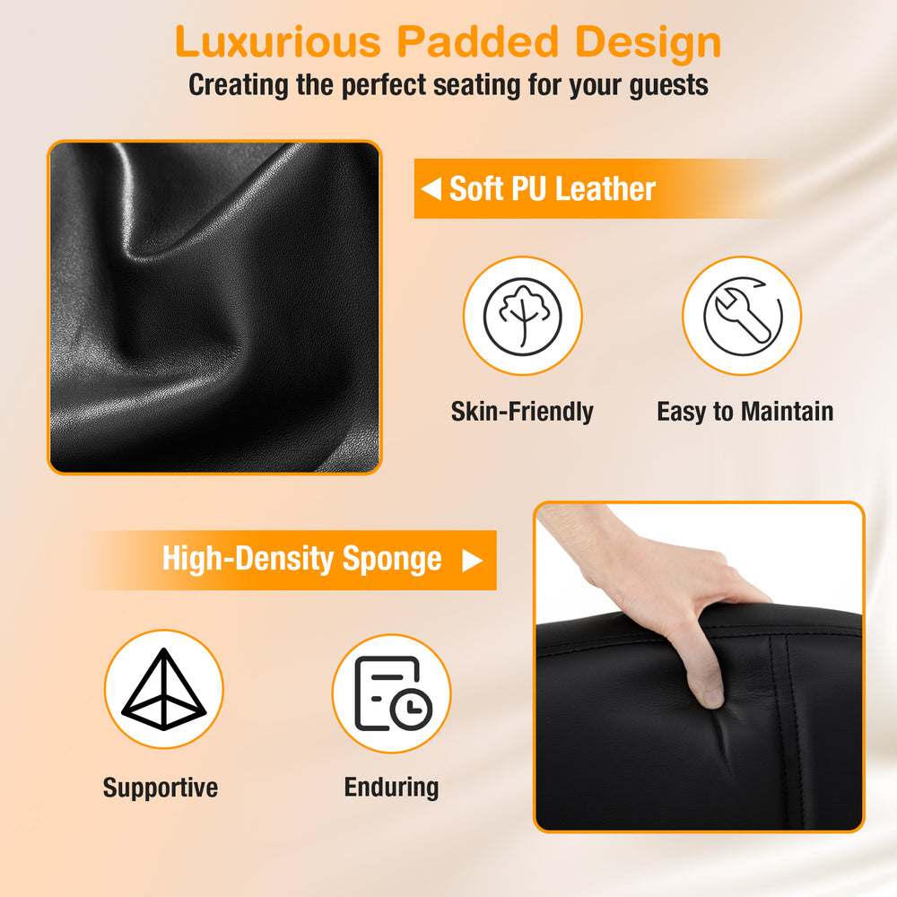 Close-up of the black upholstered waiting room chair featuring soft PU leather and high-density sponge for comfort.