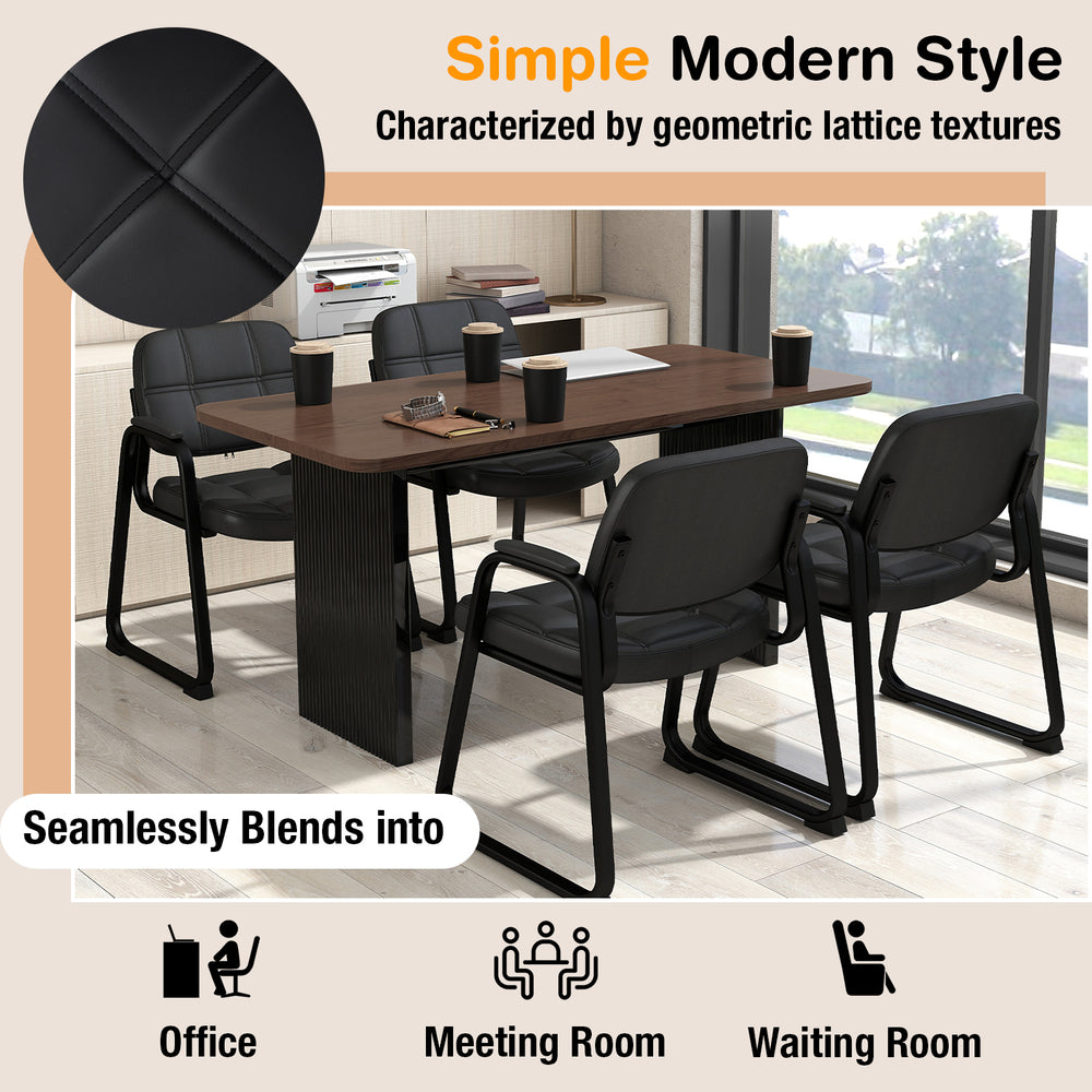 Set of 4 black upholstered waiting room chairs with armrests and ergonomic backrests, ideal for office or meeting rooms.