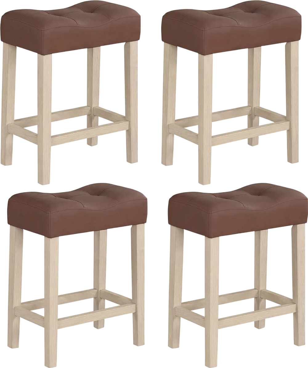 Set of 4 upholstered counter height bar stools with curved saddle-seat in brown, ideal for kitchen or bar use.