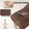 Thick 4.5" cushion of a curved saddle-seat bar stool in brown PU leather, designed for comfort and easy cleaning.