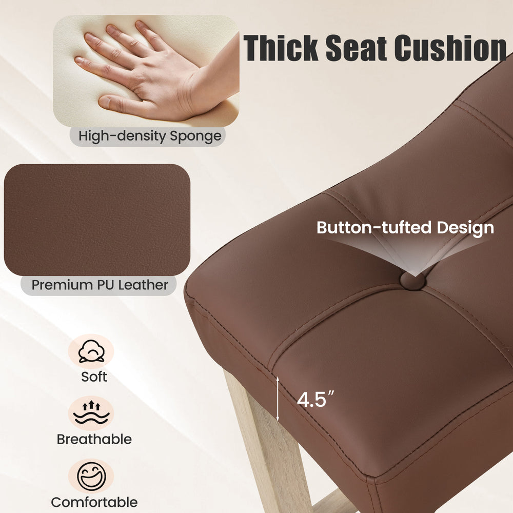 Thick 4.5" cushion of a curved saddle-seat bar stool in brown PU leather, designed for comfort and easy cleaning.