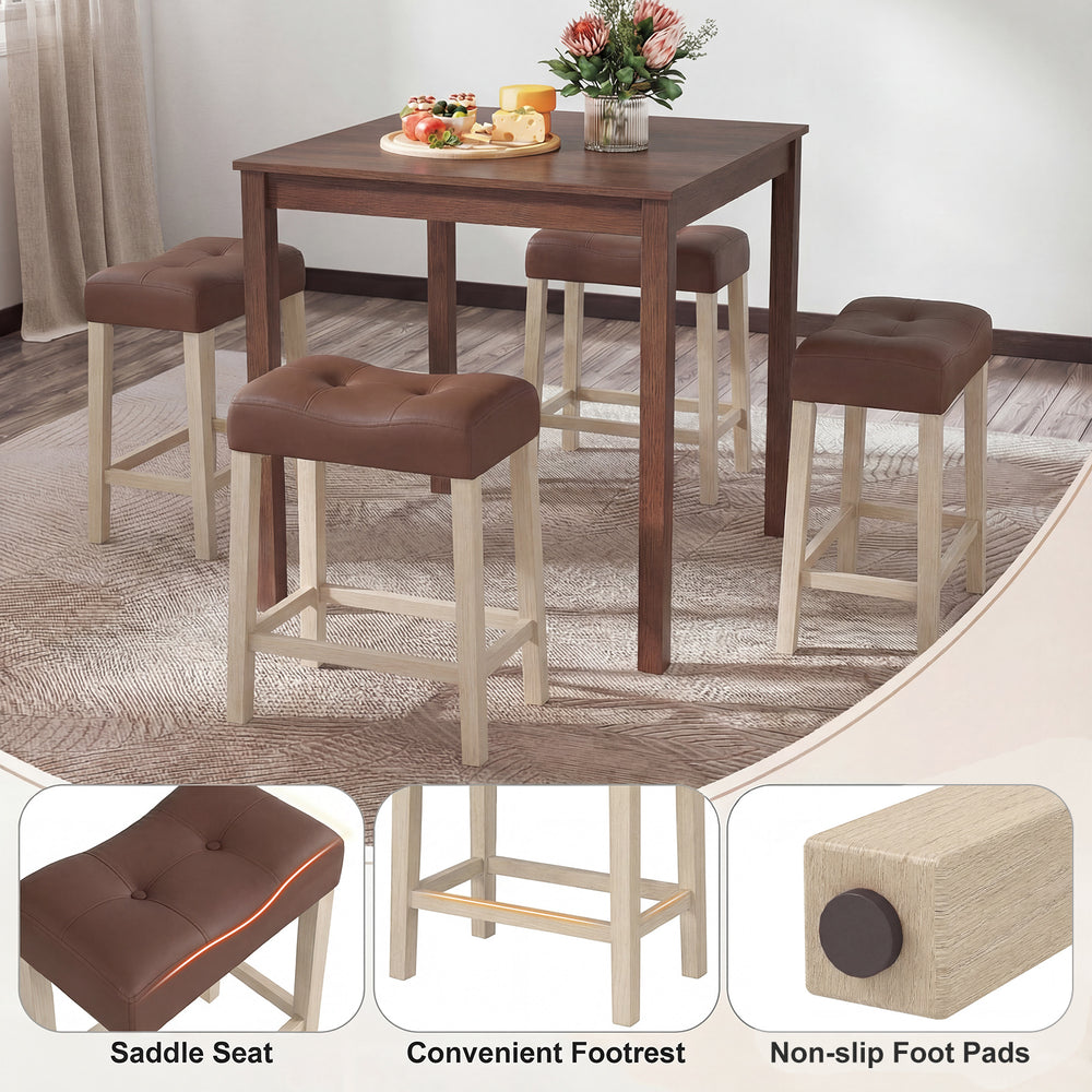 Counter height bar stool set with curved saddle seats, tufted design, and non-slip foot pads for kitchen or bar use.