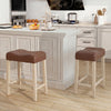Curved saddle-seat bar stools with tufted design, upholstered in brown, perfect for kitchen or bar use.