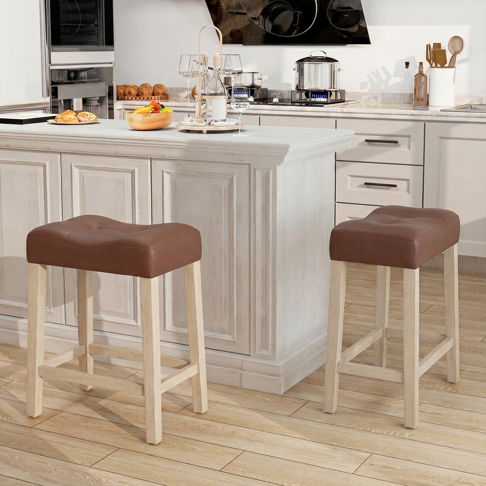 Curved saddle-seat bar stools with tufted design, upholstered in brown, perfect for kitchen or bar use.