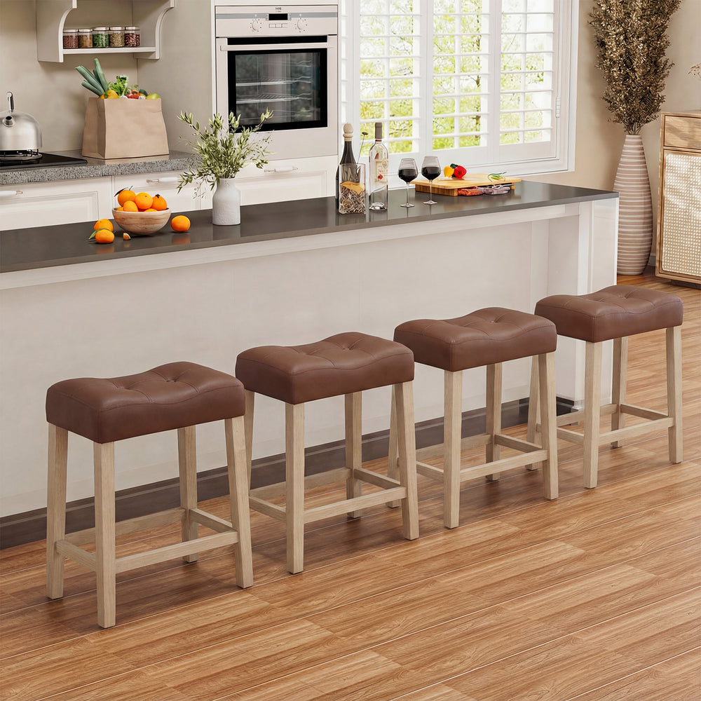 Set of 4 upholstered counter height bar stools with curved saddle seat in brown, perfect for kitchen or bar use.
