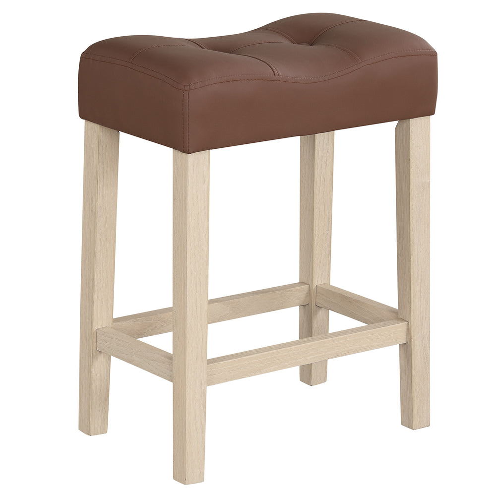 Upholstered counter height bar stool with curved saddle seat, brown cushion, and natural rubber wood frame for.