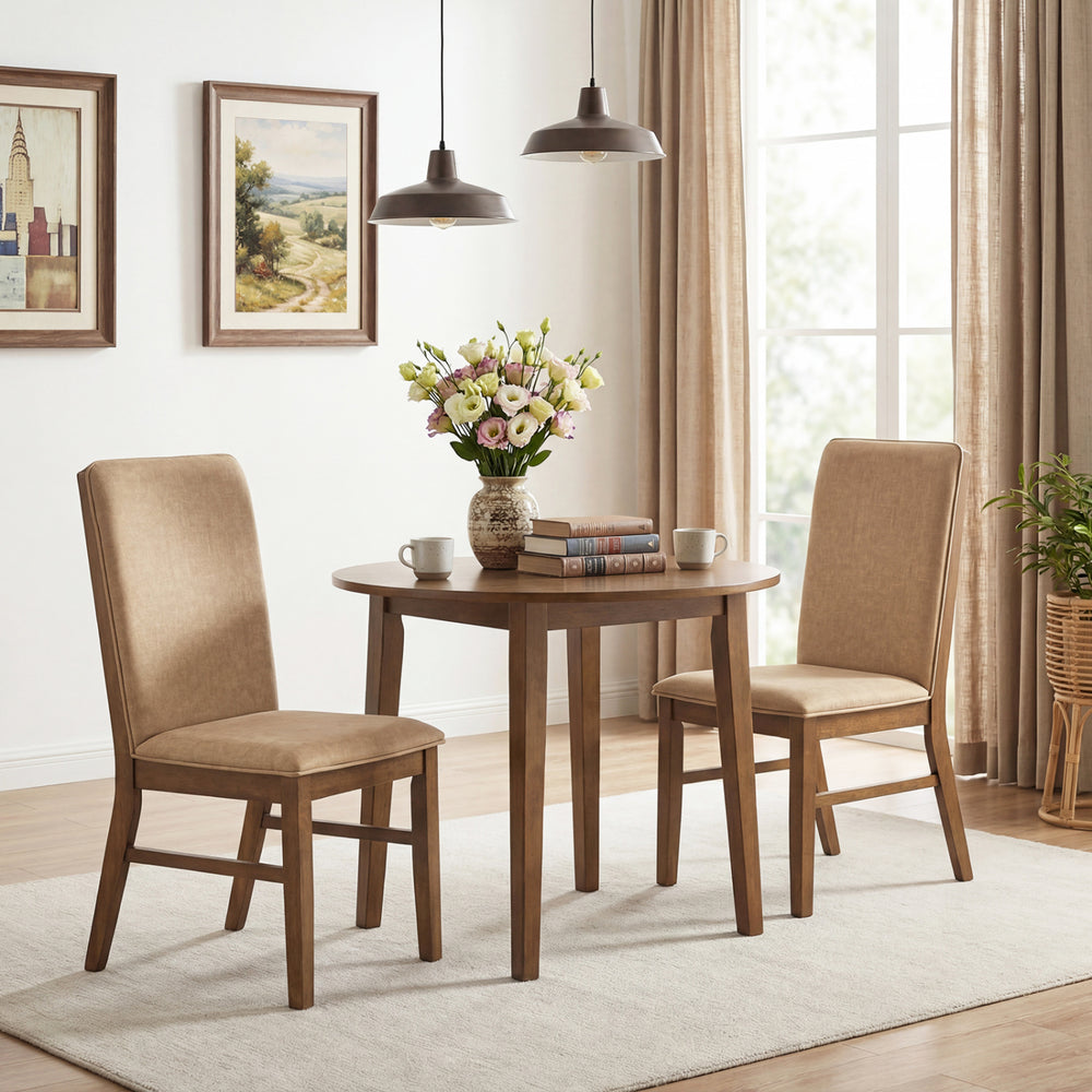 Single brown upholstered dining chair with solid rubber wood legs, featuring a high backrest and soft padded sponge for.