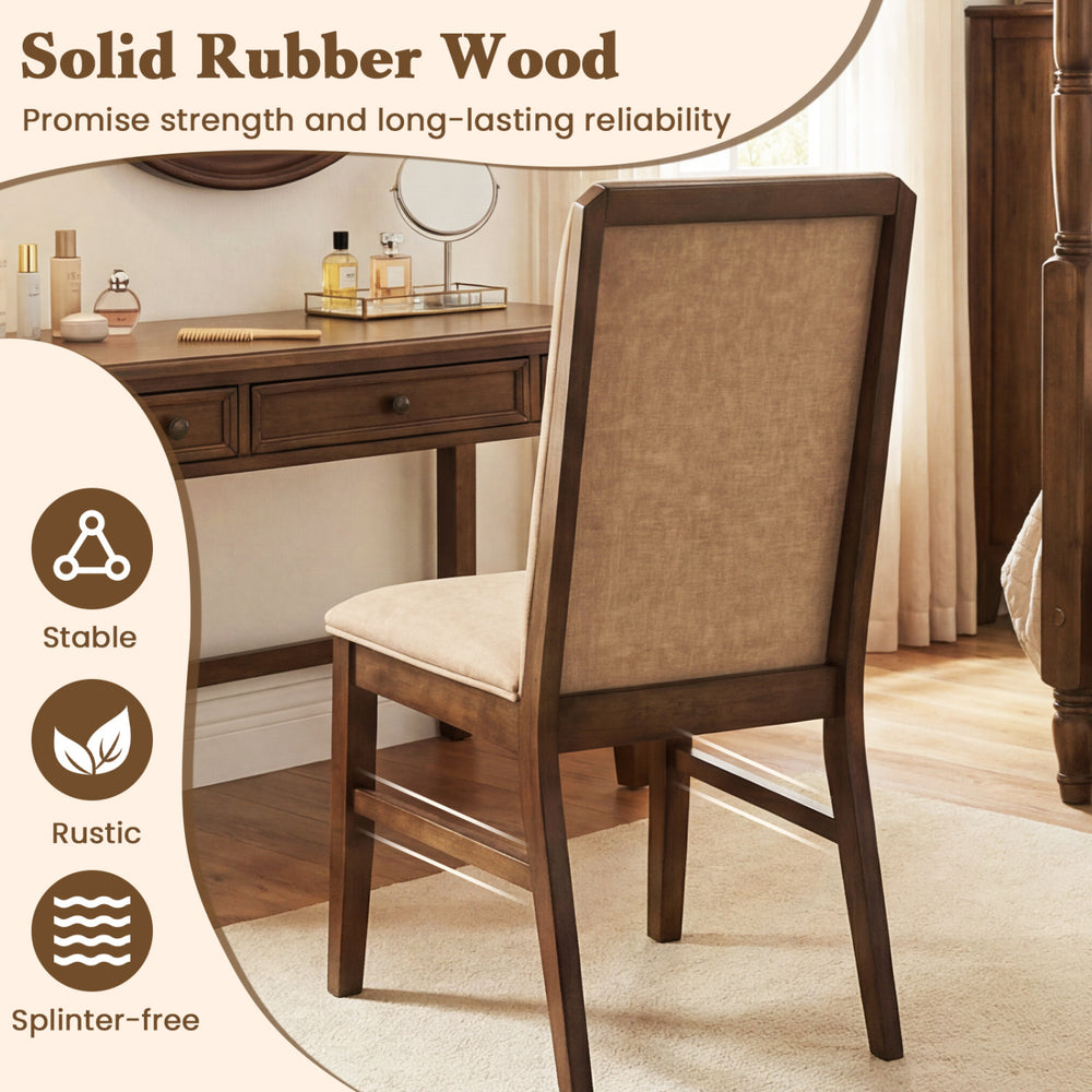 Upholstered dining chair with solid rubber wood legs, featuring a high backrest and breathable linen fabric for comfort.