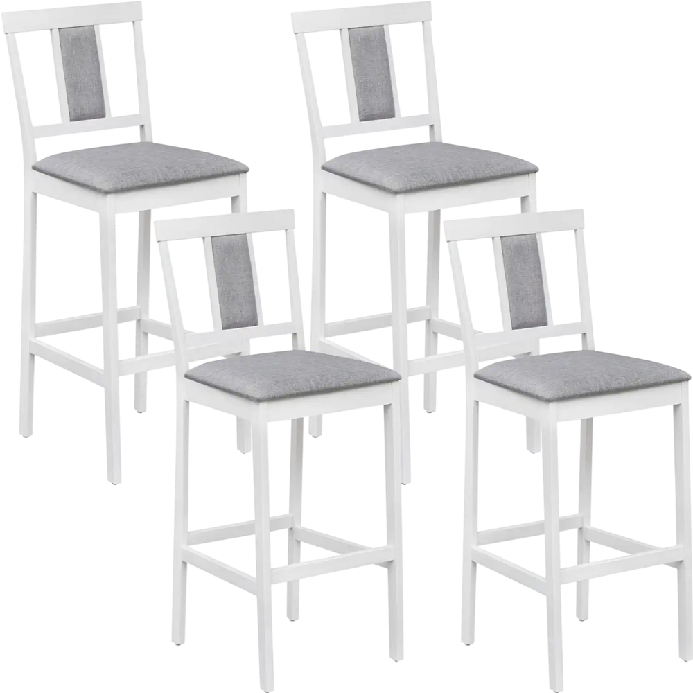Set of 4 white upholstered barstools with solid rubber wood frame, featuring a comfortable backrest and footrest.