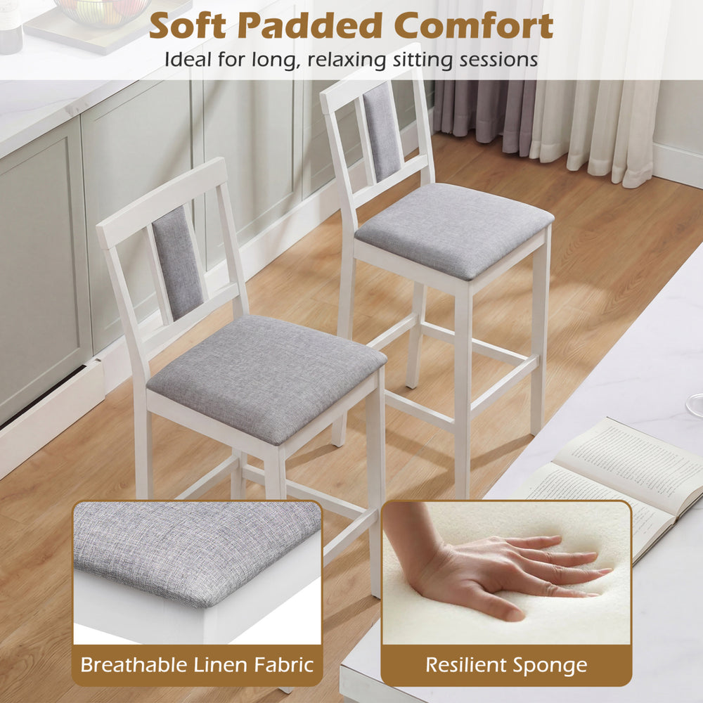 Upholstered barstools with breathable linen fabric and solid rubber wood frame, ideal for kitchens and dining rooms.
