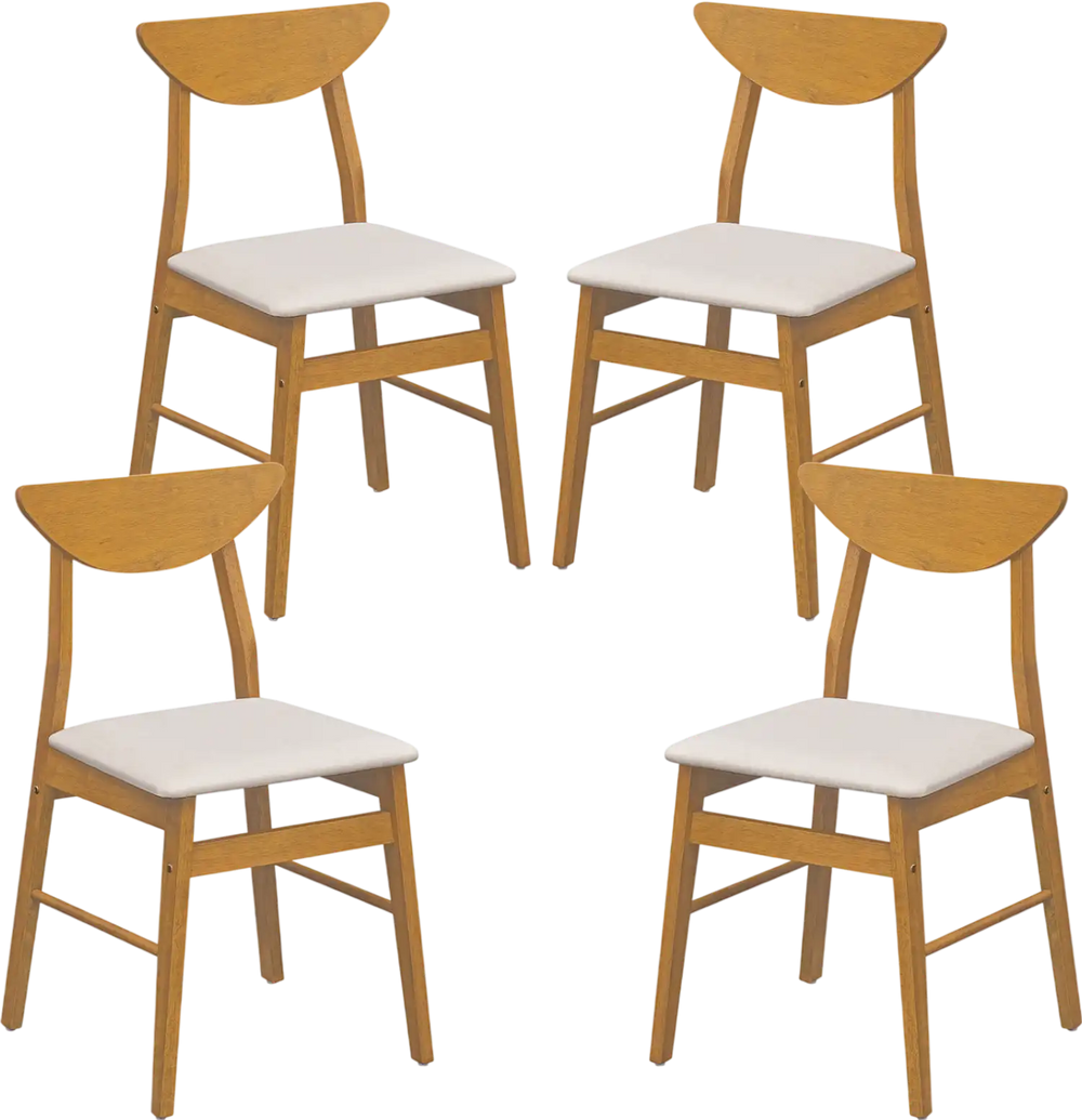 Set of 4 natural rubber wood dining chairs with curved backrest and soft-padded cushions for comfortable seating.