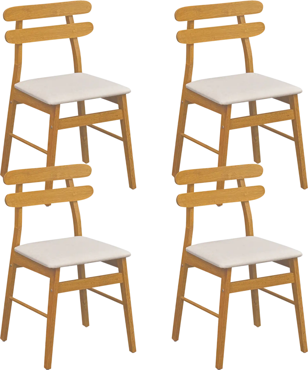Set of 4 upholstered dining chairs with padded seats and solid rubber wood legs for comfortable dining experiences.