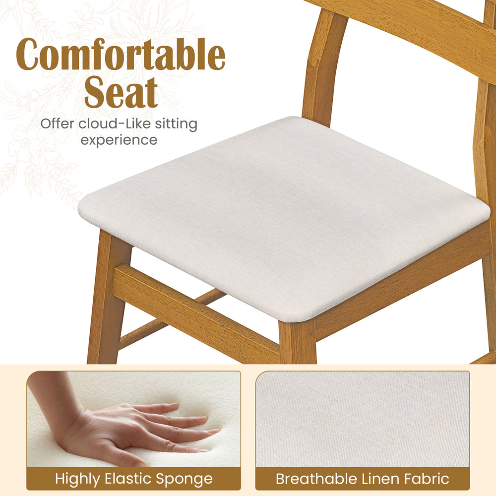 Upholstered dining chair with a padded seat made of breathable linen fabric and solid rubber wood legs for comfort.