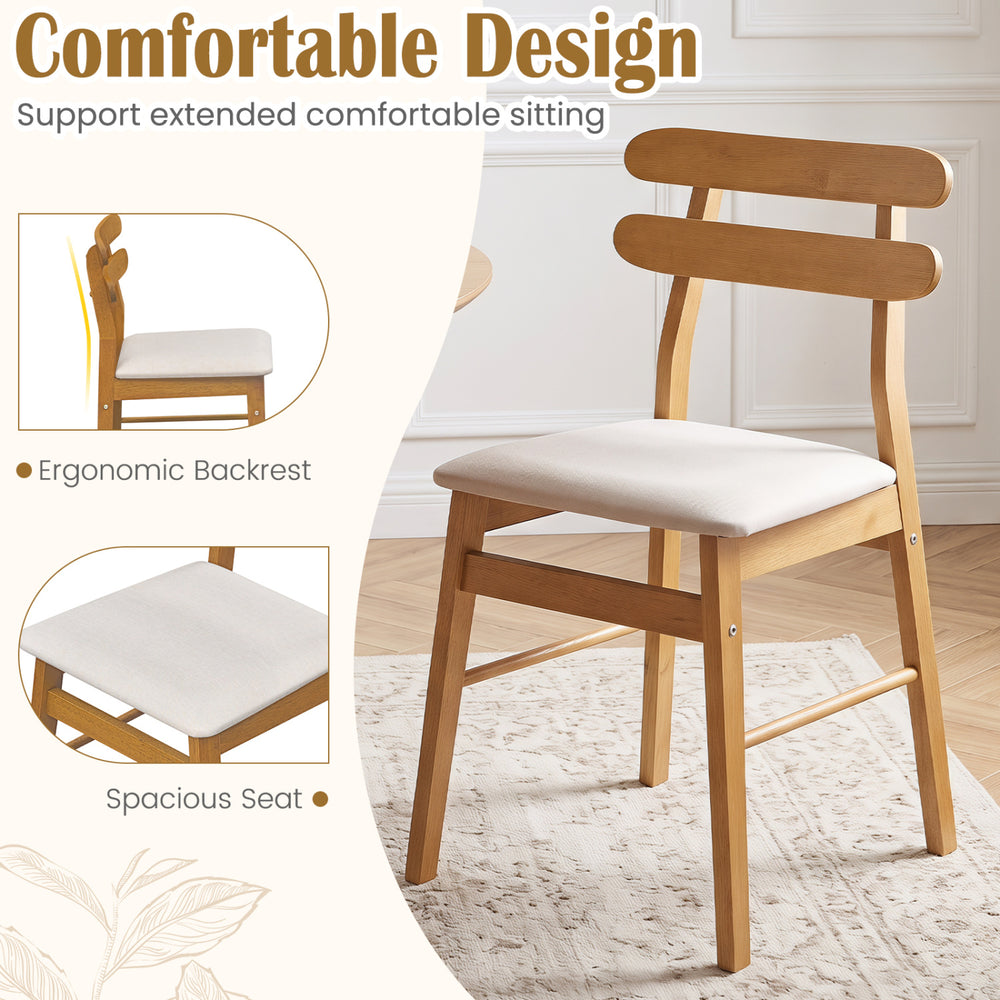Upholstered dining chair with solid rubber wood legs, ergonomic backrest, and padded seat for comfortable extended sitting.