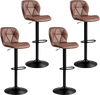 Set of 4 brown upholstered swivel bar stools with curved backs, adjustable height, and sturdy metal bases for versatile use.