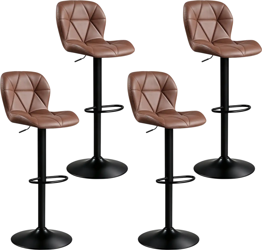 Set of 4 brown upholstered swivel bar stools with curved backs, adjustable height, and sturdy metal bases for versatile use.