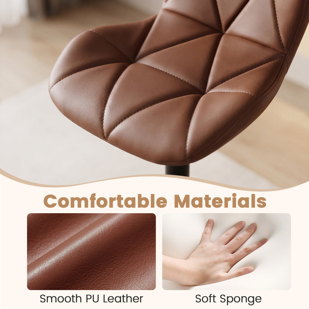 Close-up of the brown PU leather seat and soft sponge of the upholstered swivel bar stool, designed for comfort and style.