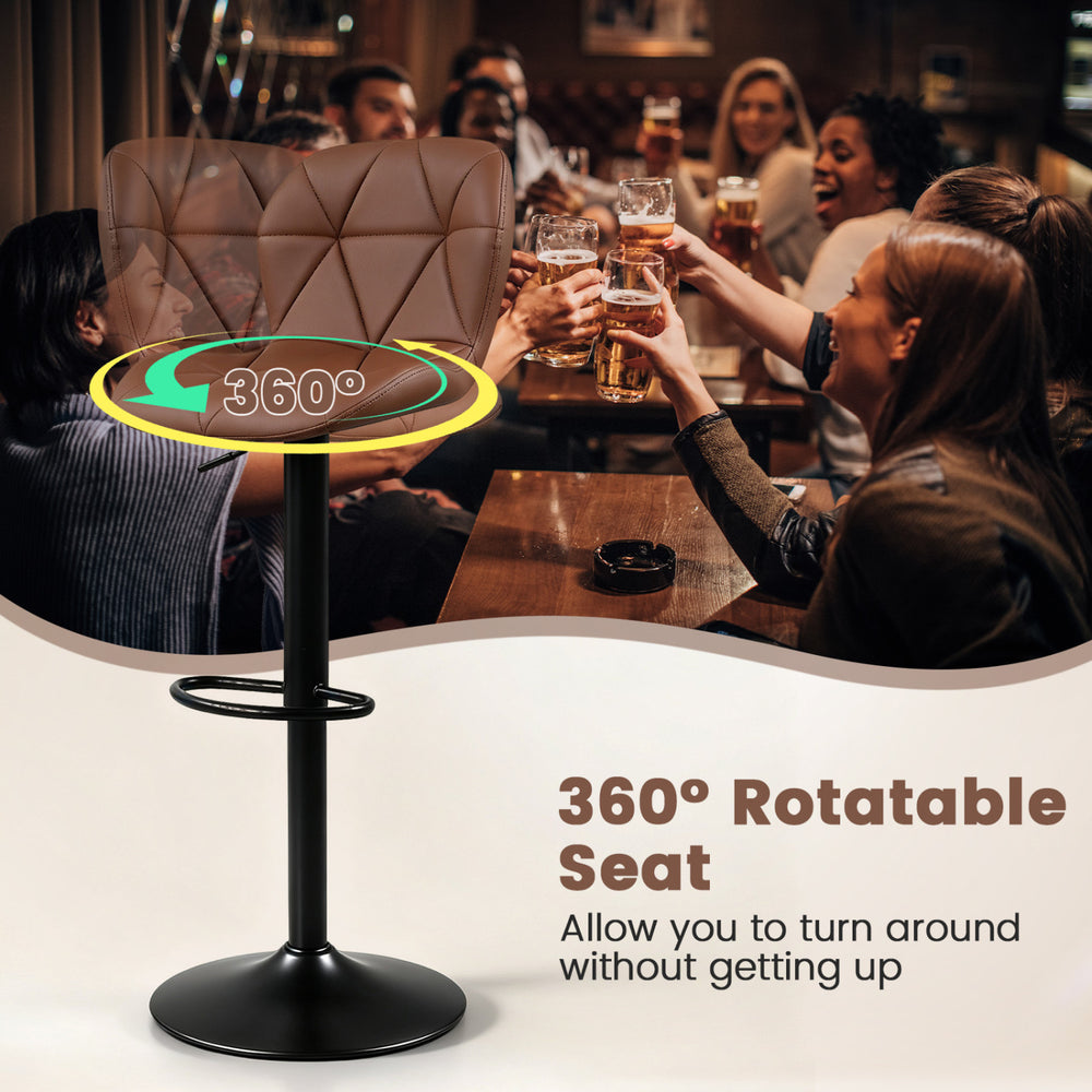 Upholstered swivel bar stool with a 360° rotatable seat and adjustable height, ideal for kitchen islands and home bars.