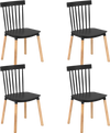 Set of 4 black Windsor dining chairs with spindle backs and curved seats, ideal for kitchen and dining room use.