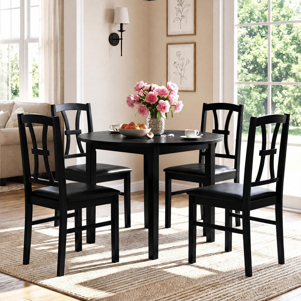 Set of 4 Wooden Dining Chairs with Faux Leather Padded Seat for Kitchen-Black - Gallery View 1 of 7