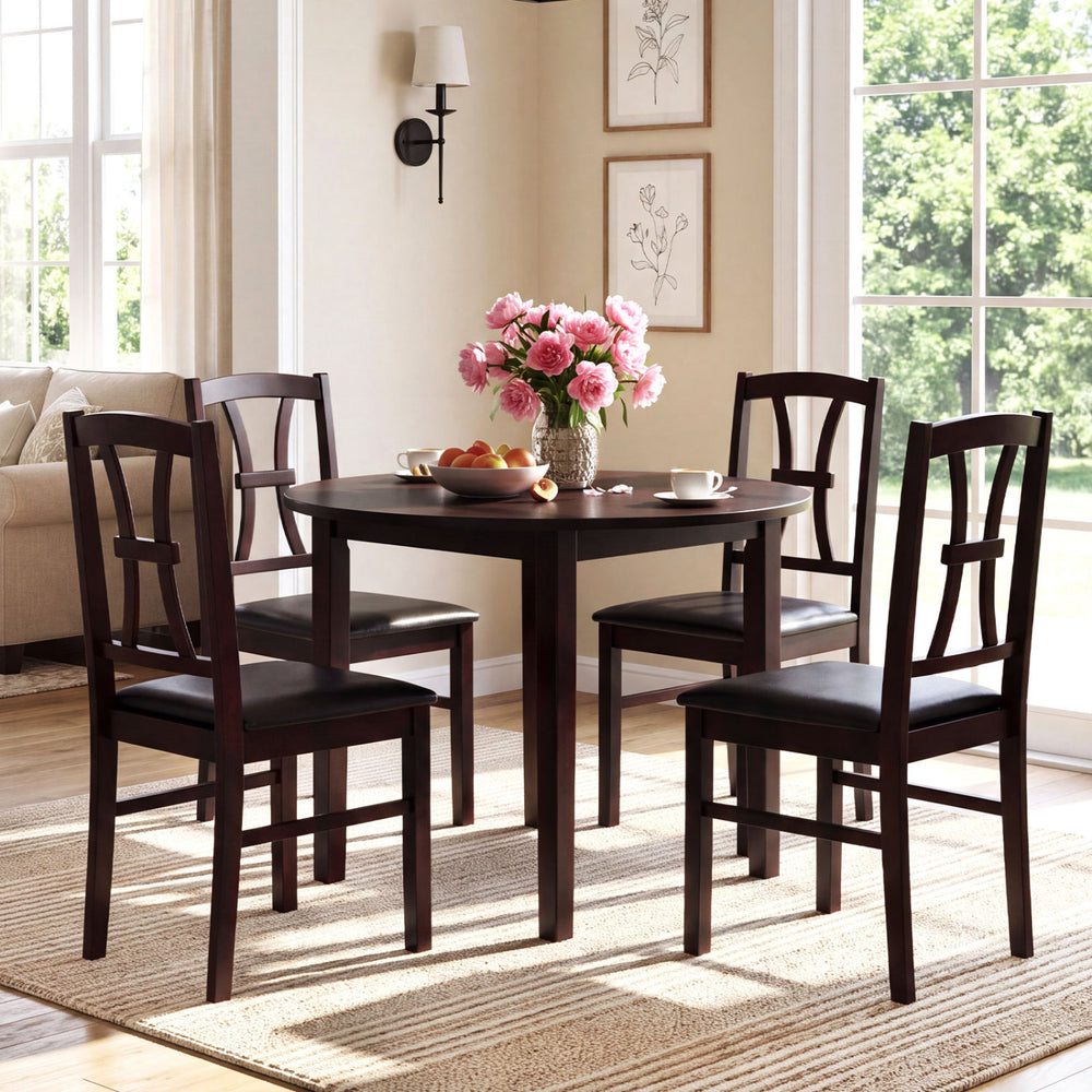 Set of 4 Wooden Dining Chairs with Faux Leather Padded Seat for Kitchen-Brown - Gallery View 1 of 7