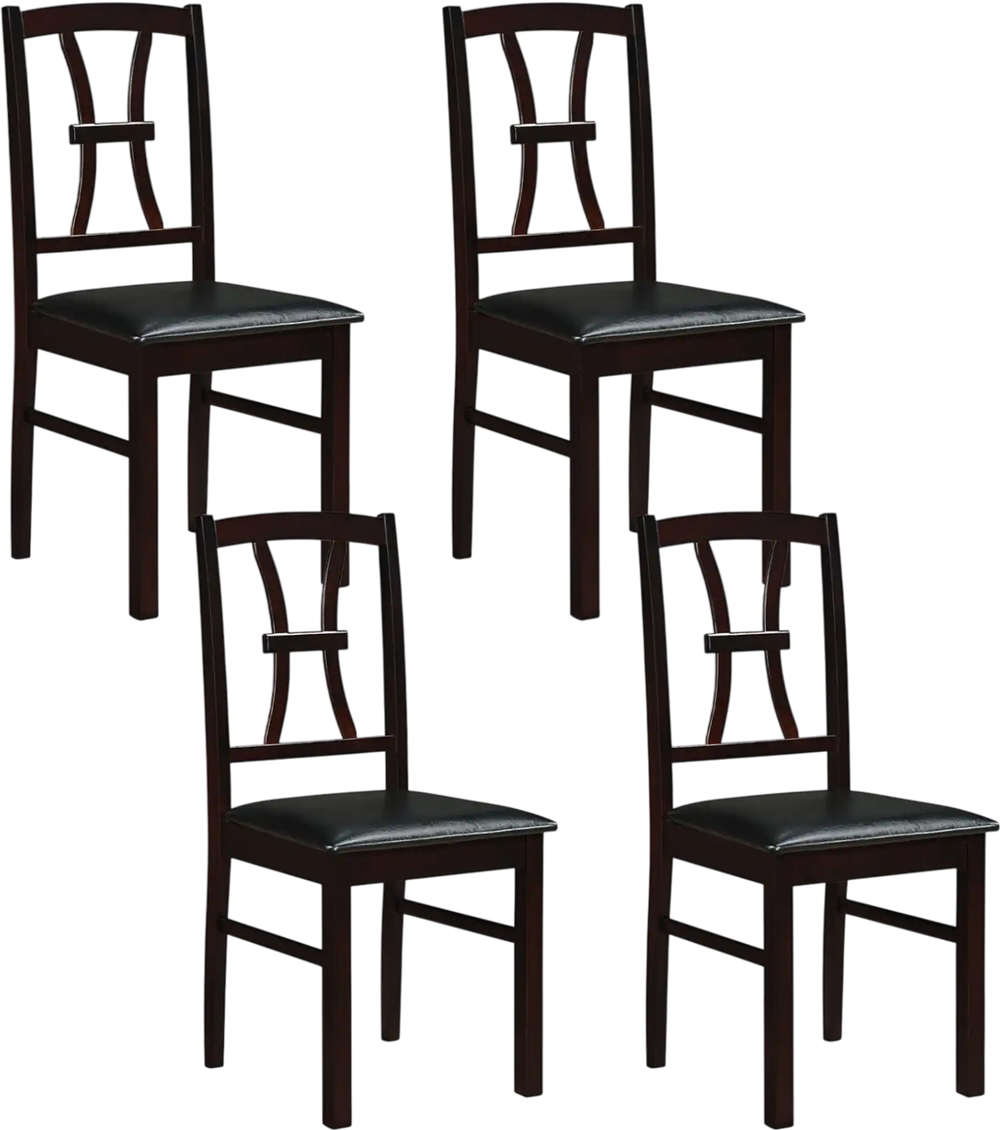 Set of 4 brown wooden dining chairs with faux leather padded seats, perfect for kitchen use and stylish decor.