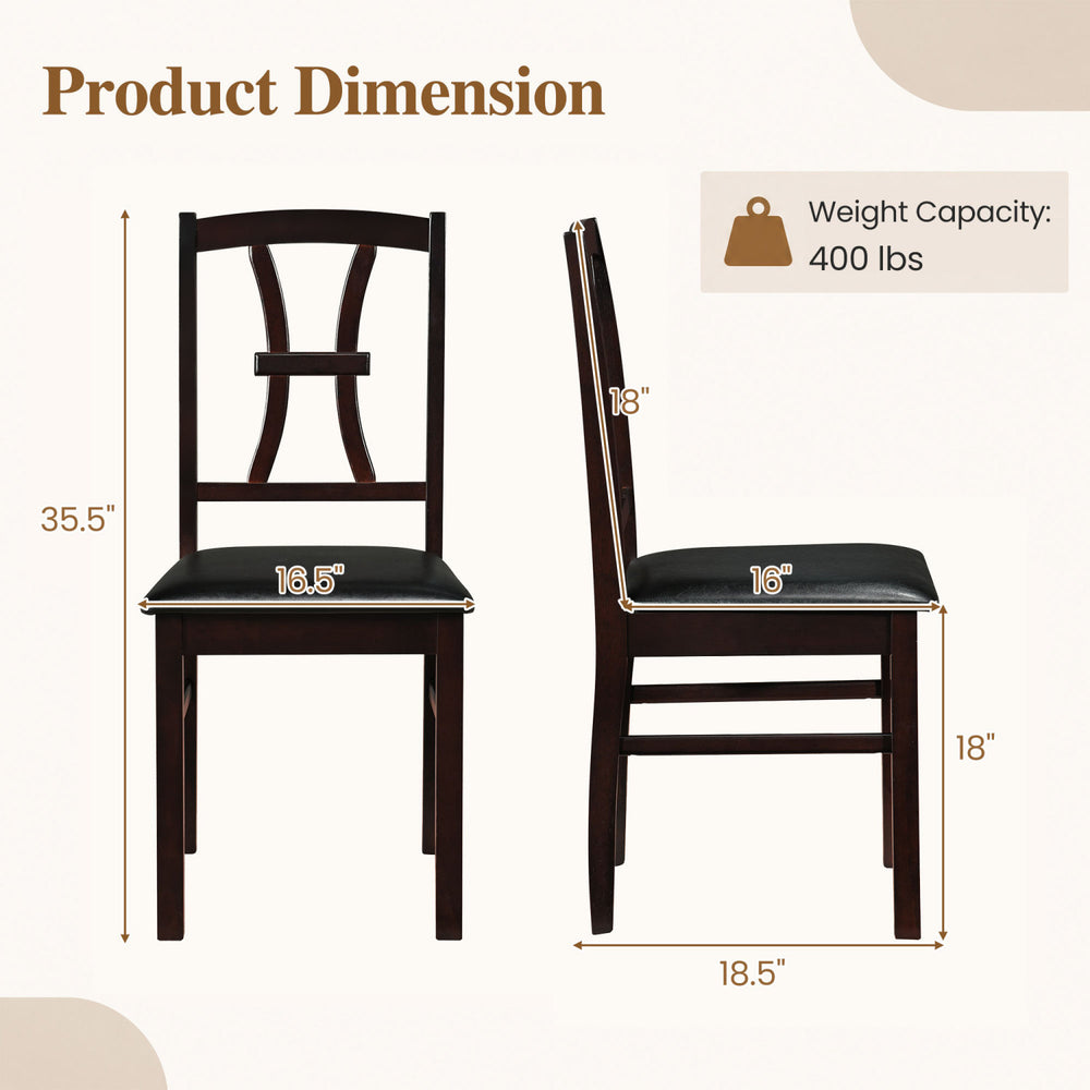 Side view of a wooden dining chair with faux leather padded seat, featuring a sturdy frame and decorative backrest.