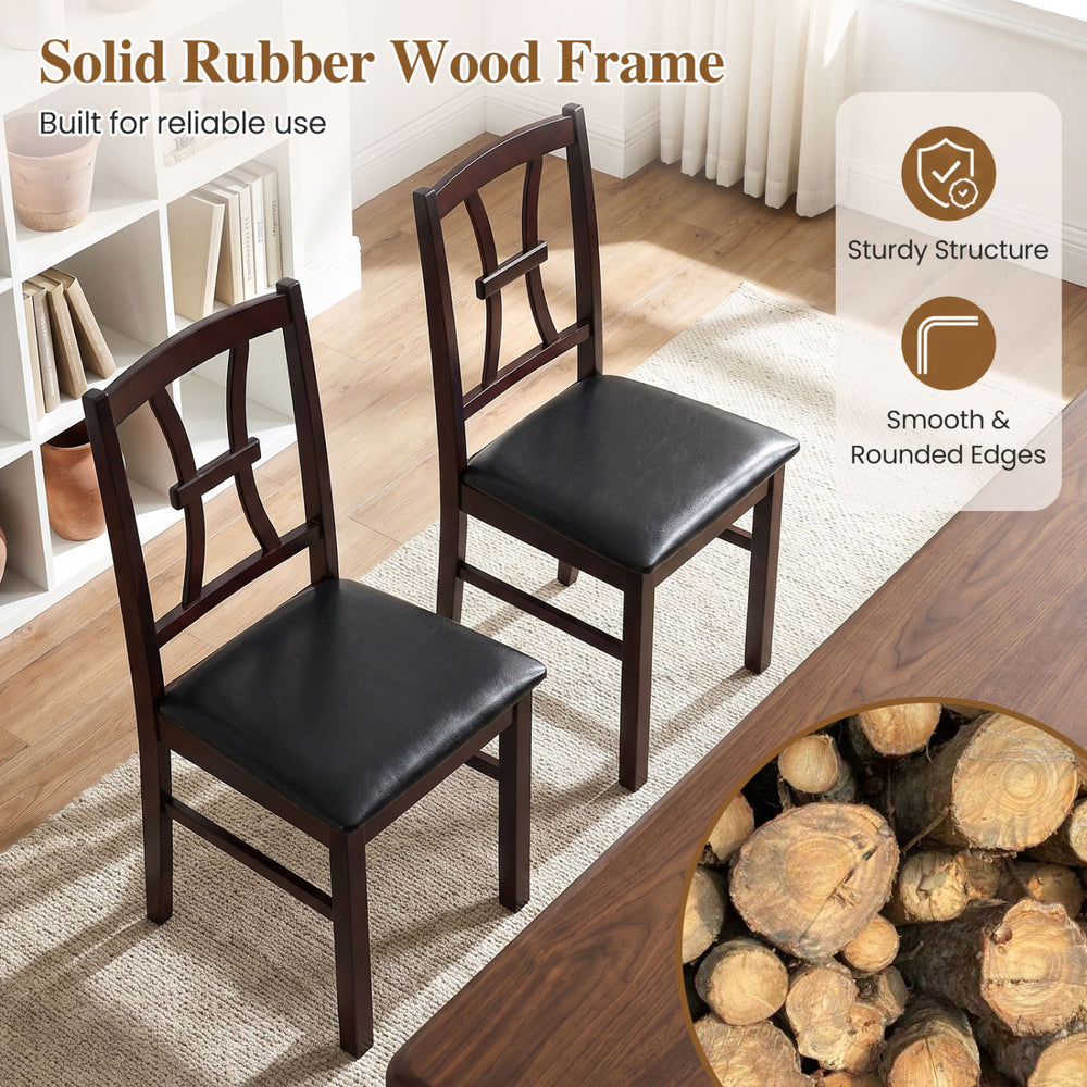 Set of 4 wooden dining chairs with brown faux leather padded seats, featuring a sturdy rubber wood frame for durability.
