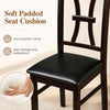 Brown faux leather padded seat cushion on a sturdy wooden dining chair, designed for comfort and easy maintenance.