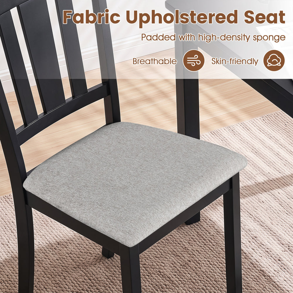 Wooden dining chair with a soft-padded, breathable fabric seat, designed for comfort and durability in a farmhouse style.