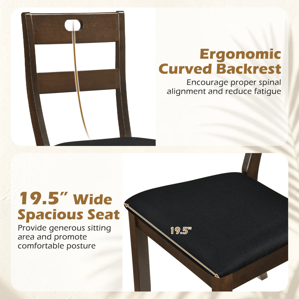 Ergonomic curved backrest and 19.5" wide seat of walnut dining chair set promote comfort and proper posture during meals.