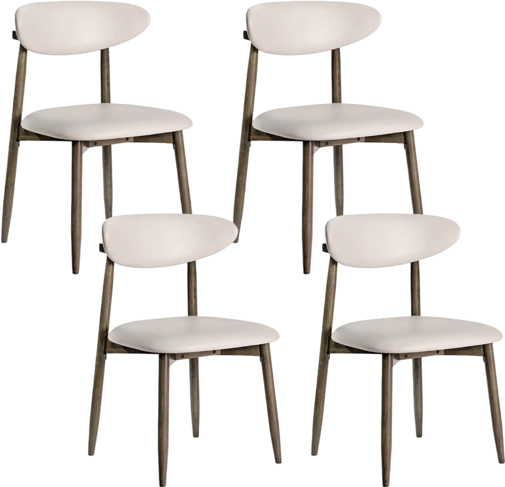 Set of 4 beige upholstered dining chairs with curved backrest, solid rubber wood frame, perfect for dining rooms and kitchens.