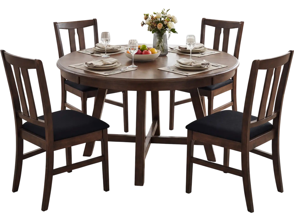 Set of 4 walnut wooden upholstered dining chairs with high curved backs, designed for comfort and timeless style.