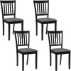 Set of 4 black wooden dining chairs with upholstered seats, designed for comfort and durability in dining rooms or kitchens.