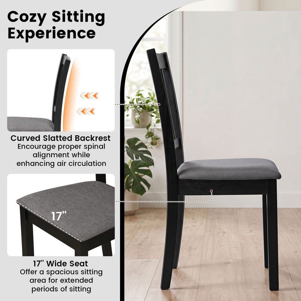Wooden upholstered dining chair with a curved slatted backrest and thick padded seat for comfortable, spacious seating.