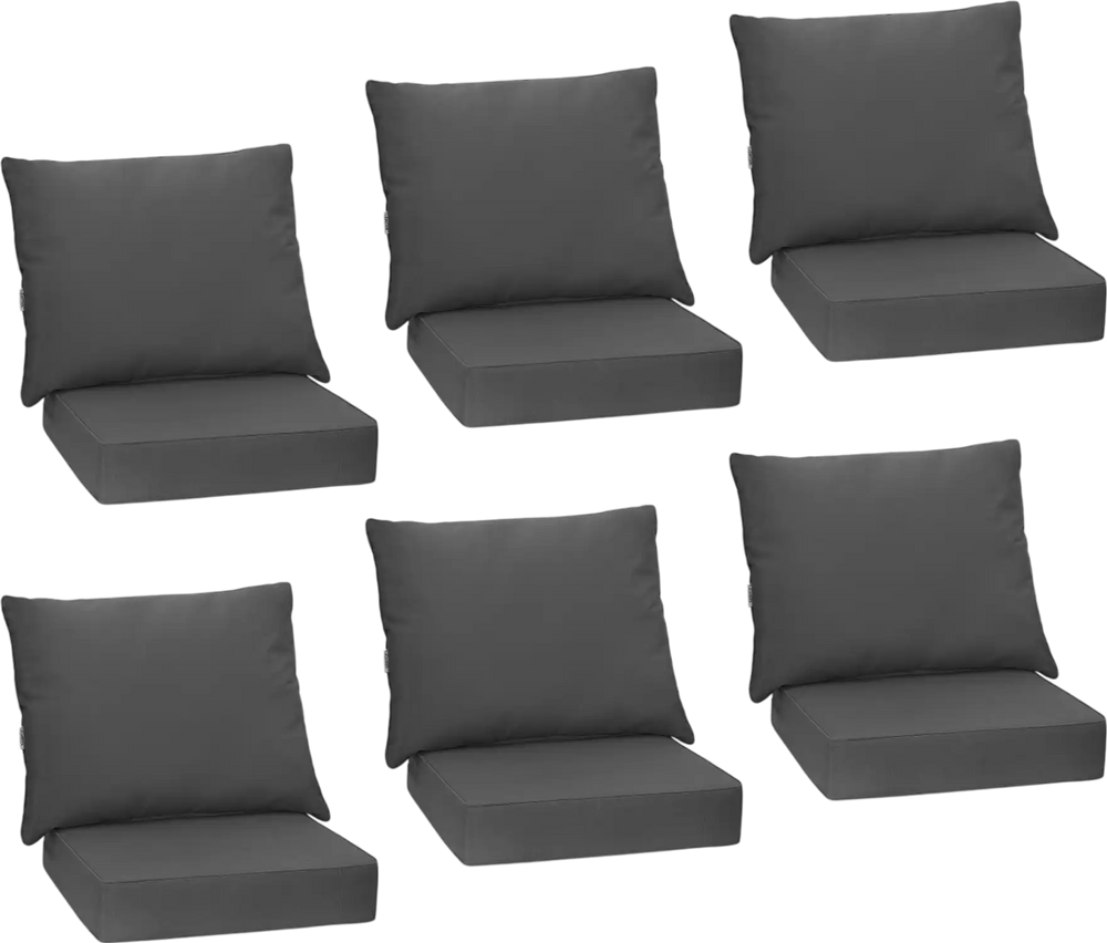 Set of 6 gray deep seat chair cushion pads with soft backrests and rope belts for indoor and outdoor use.
