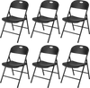 Set of 6 black foldable plastic chairs with ergonomic backrests, ideal for events, dining, and easy storage.