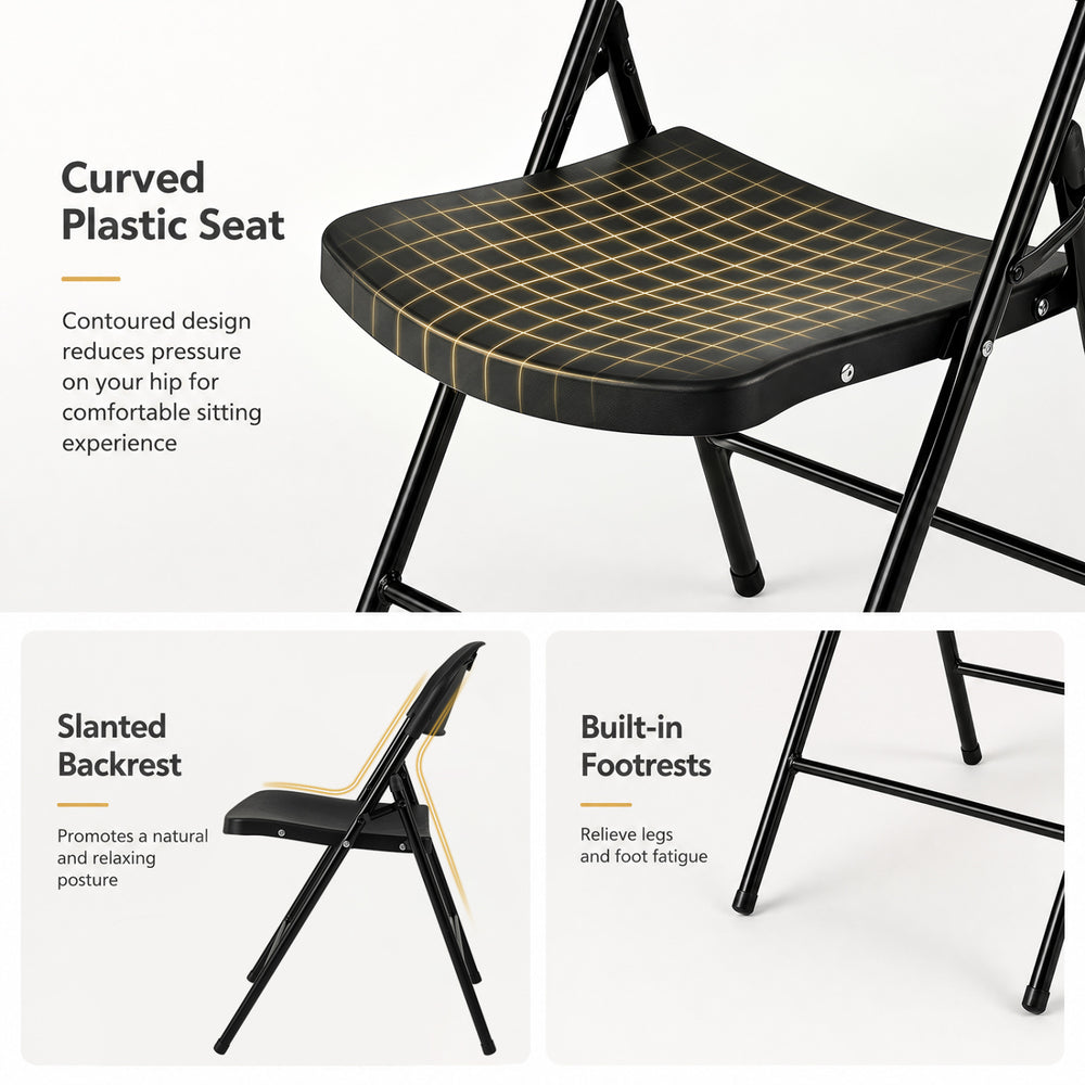 Foldable black plastic chair featuring a curved seat, slanted backrest, and built-in footrests for comfortable seating.