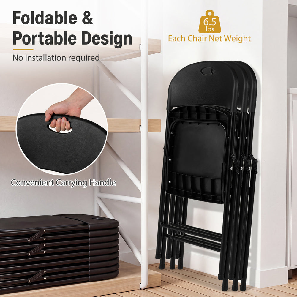 Foldable black plastic chair set with ergonomic backrest, ideal for events and easy storage with a convenient carry handle.