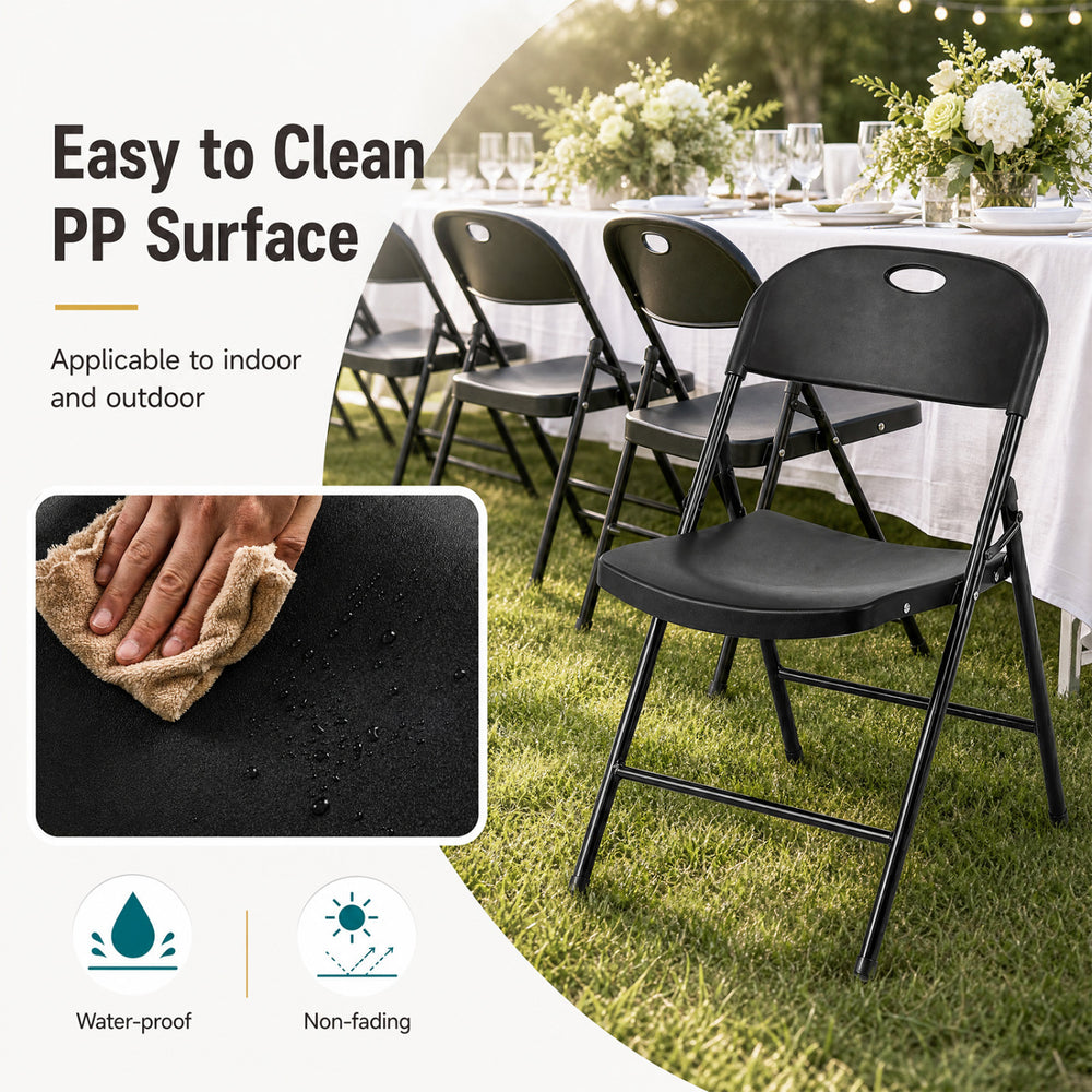 Foldable black plastic chair with ergonomic backrest and easy-to-clean PP surface, perfect for indoor and outdoor events.