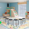 Set of 6 black portable plastic stack stools with breathable seats, ideal for classrooms and home use.