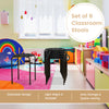 Set of 6 black portable plastic stack stools with sturdy steel frame, ideal for classrooms and easy storage.