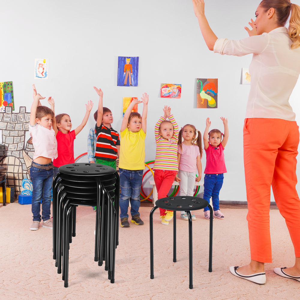 Set of 6 black portable plastic stack stools with sturdy steel frame, ideal for classrooms and home use.