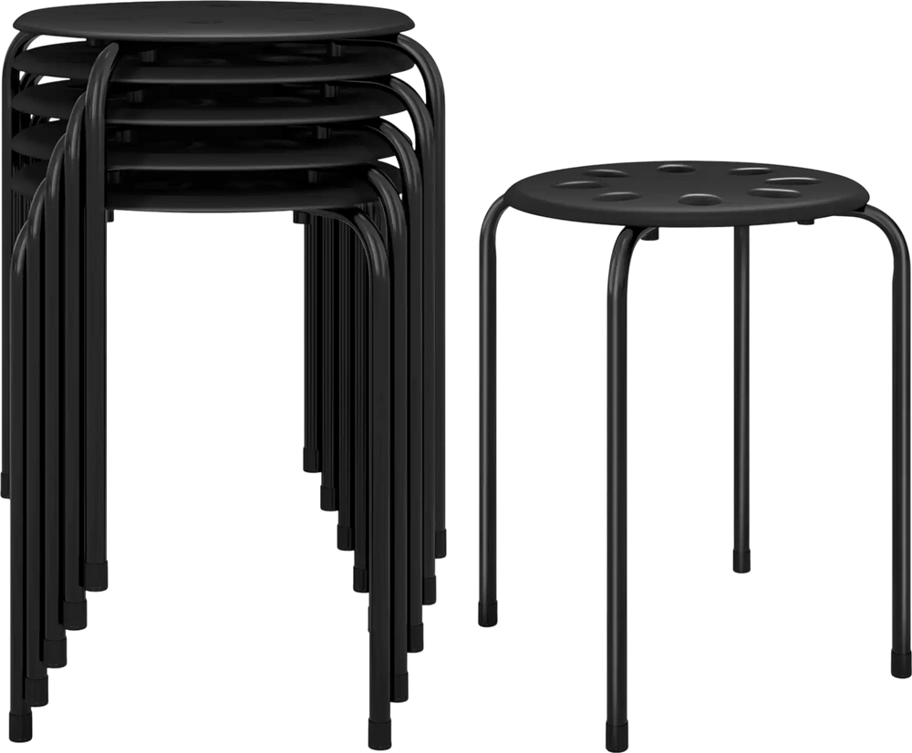 Stack of 6 black portable plastic stools with sturdy steel frames, ideal for home, office, or classroom use.