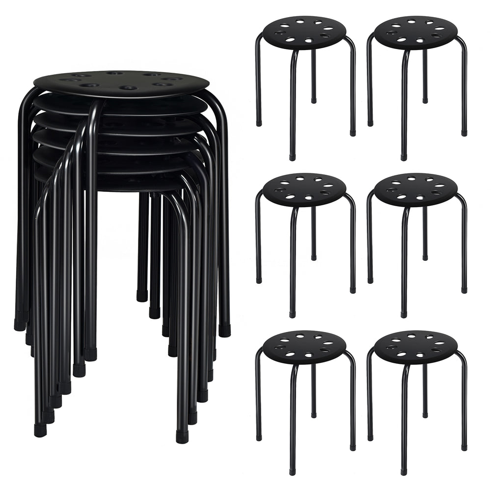 Set of 6 black portable stack stools with sturdy steel frames and breathable PP seats, ideal for home and office use.