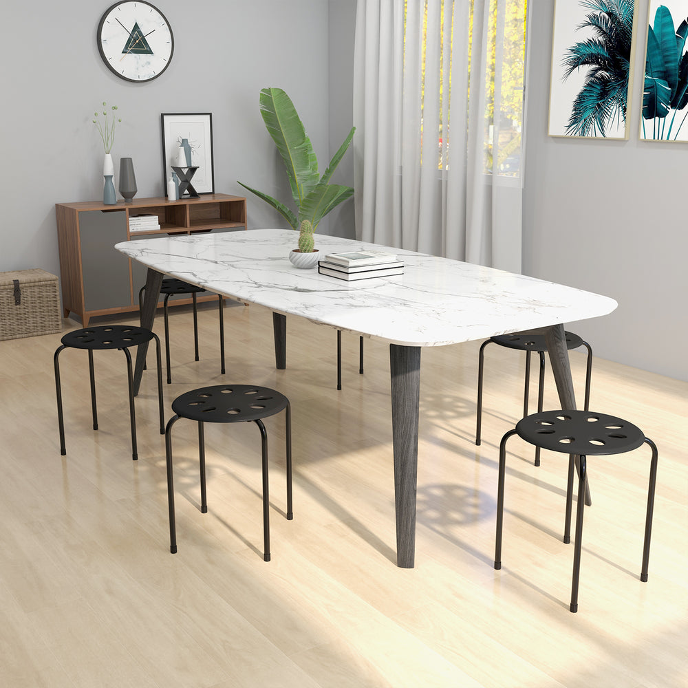 Set of 6 black portable stack stools with breathable seats and sturdy steel frames, ideal for home or office use.