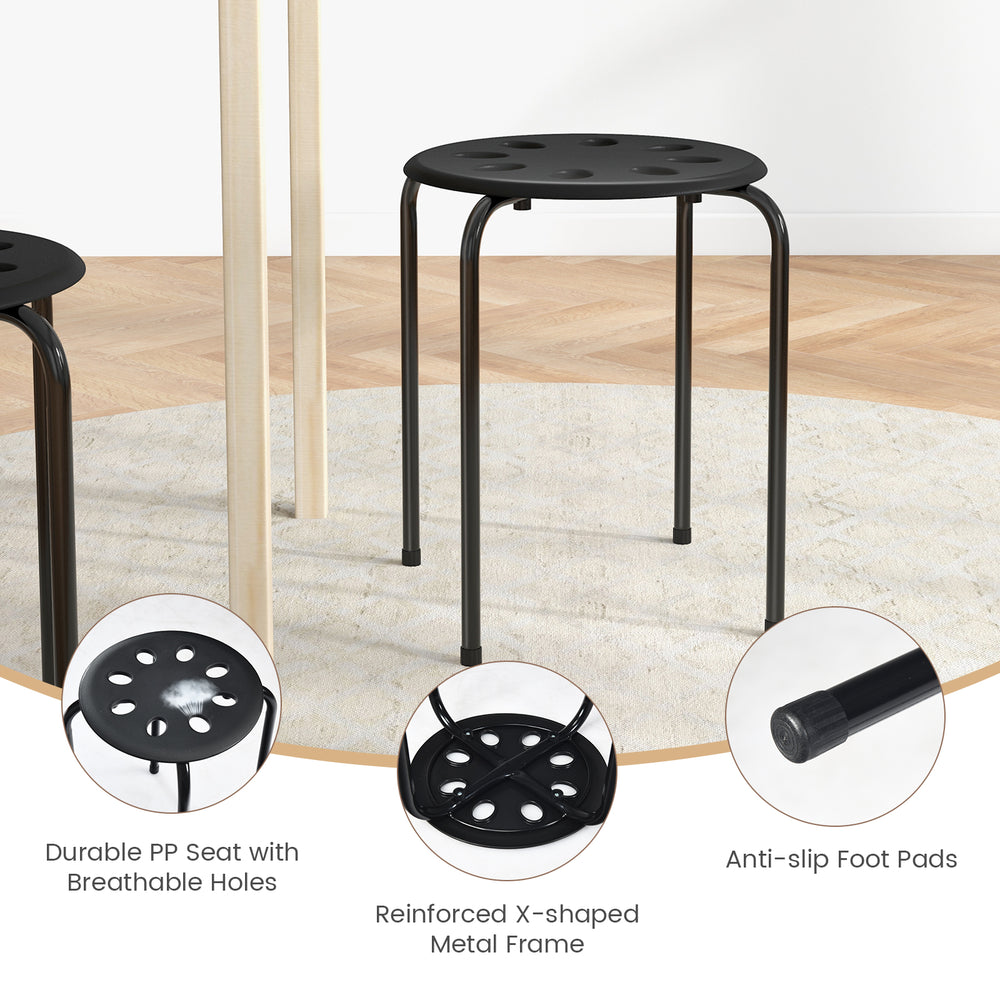 Black portable plastic stack stool with breathable PP seat and anti-slip foot pads, ideal for home or office use.