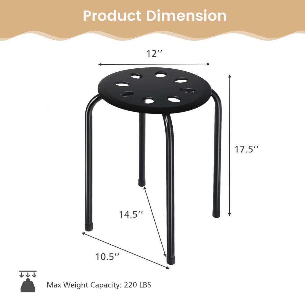 Black portable plastic stack stool with a sturdy steel frame, 8 breathable holes, and non-slip foot pads for stability.