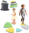 Colorful set of 6 non-slip balance stones for kids, stackable with storage bag, ideal for play and coordination.